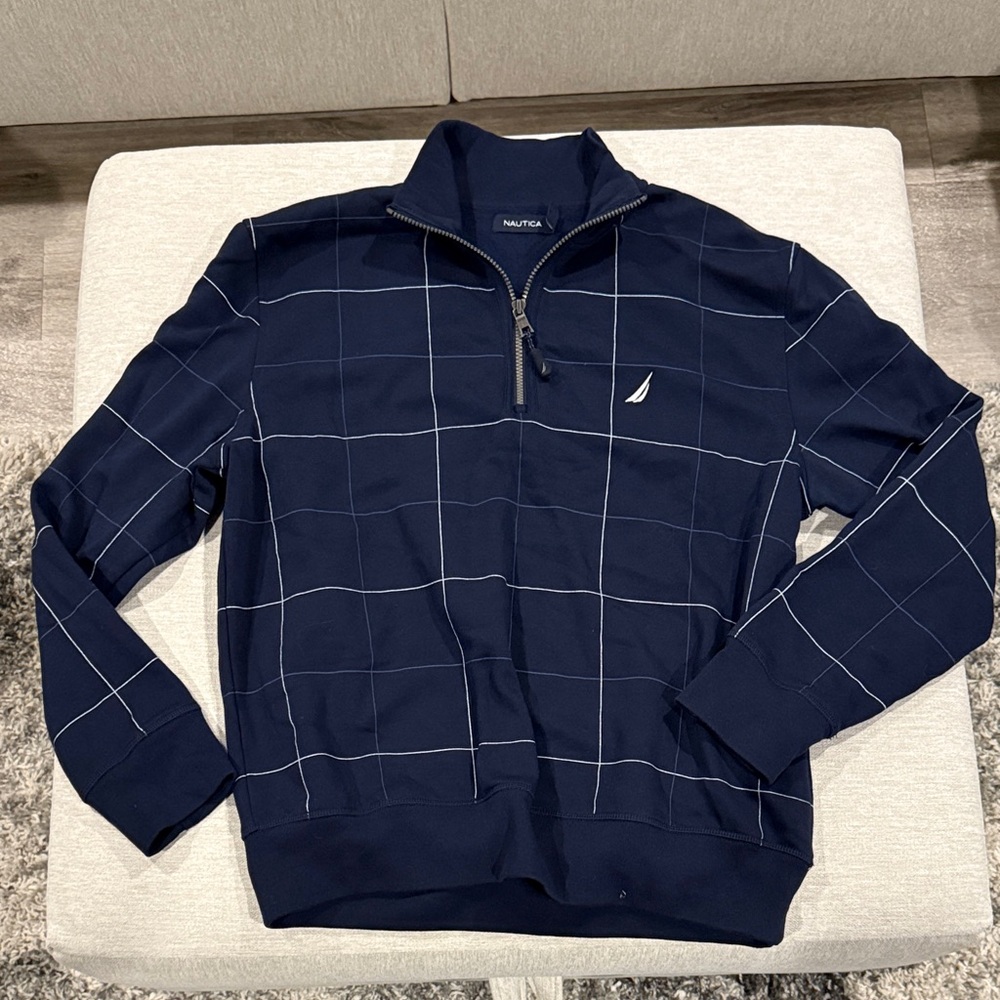 Nautica Men's Blue Grid Pattern Zip Up Sweater